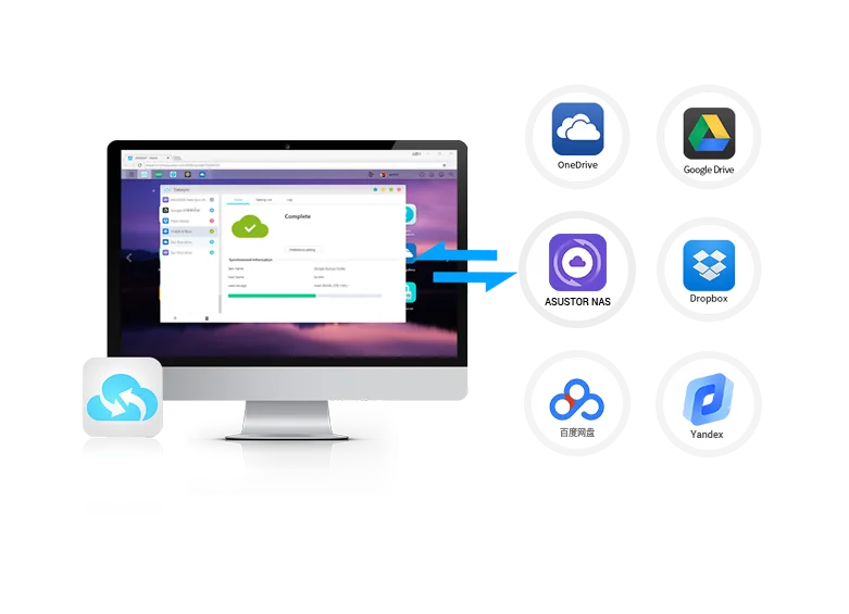 ASUSTOR DataSync Center syncing Google Drive, OneDrive and Dropbox with a NAS