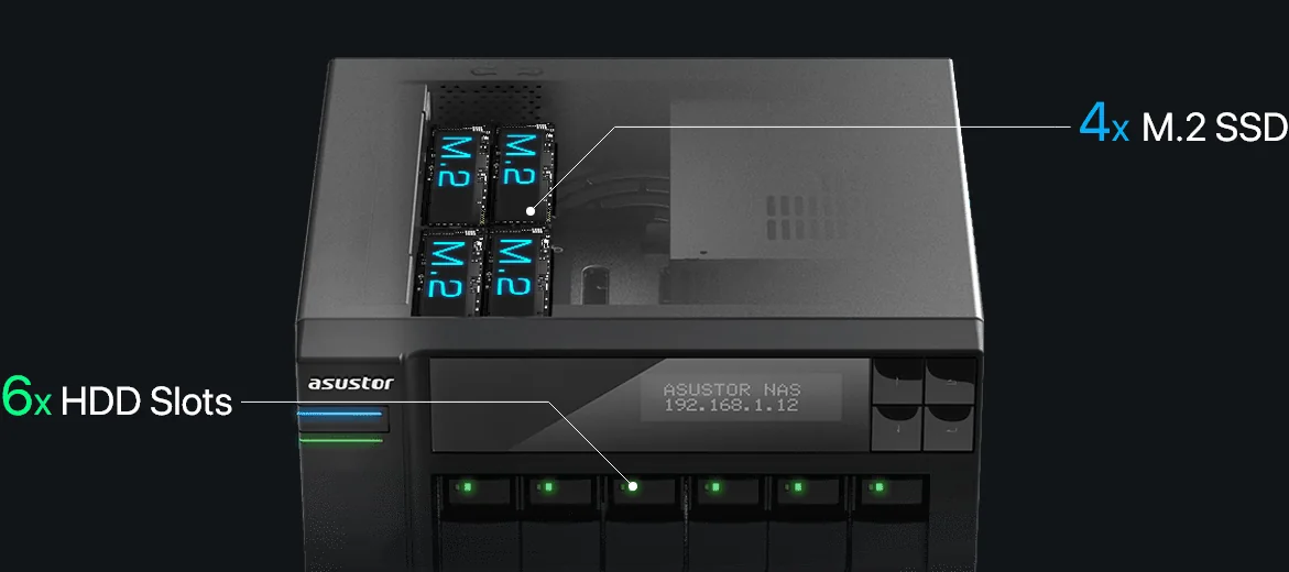 ASUSTOR Lockerstor 6 Gen2+ with six hard drive bays on the front and four M.2 SSD slots under the lid
