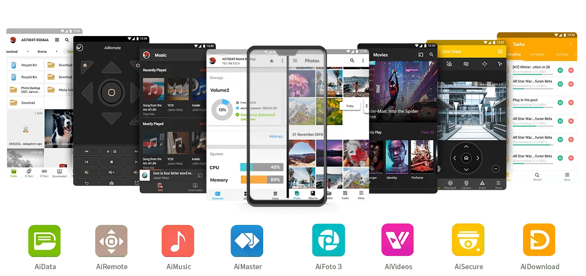 ASUSTOR mobile apps including AiData, AiMusic, AiMaster, AiFoto 3, AiVideos and AiSecure on phones