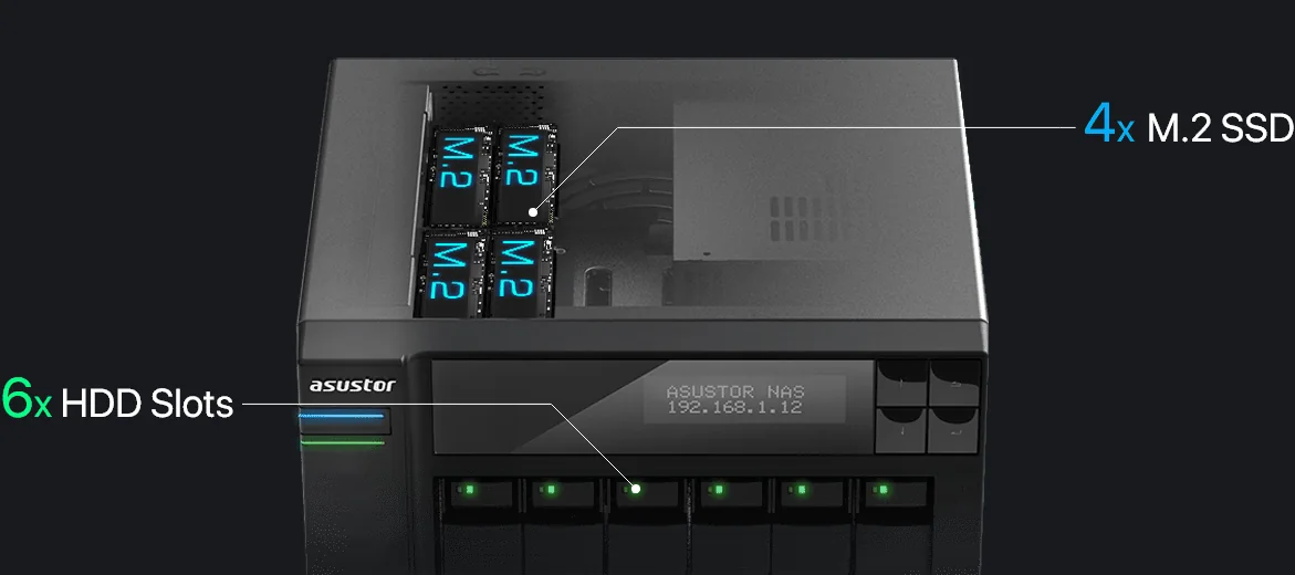ASUSTOR Lockerstor 6 Gen2+ showing six hard drive bays and four M.2 SSD slots