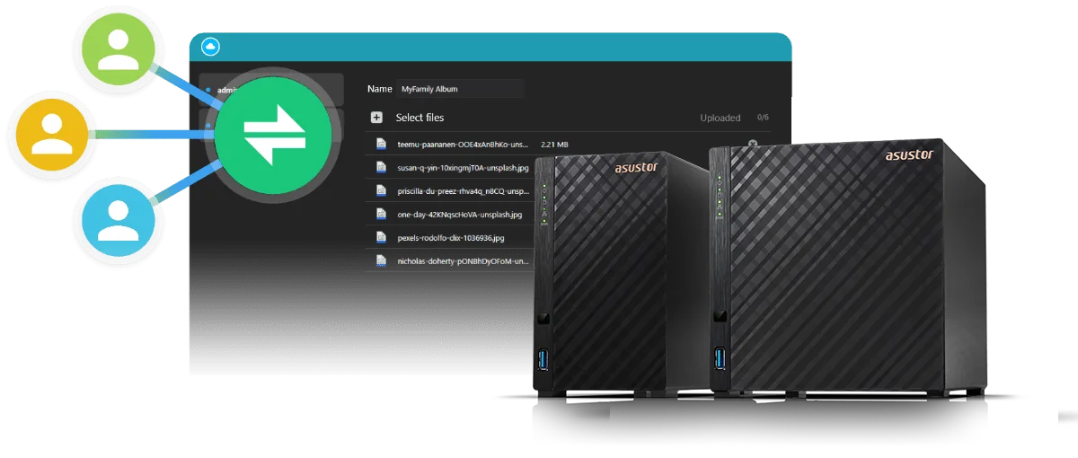 ASUSTOR Drivestor 2 Gen2 and Drivestor 4 Gen2 NAS with a shared family photo album and three users