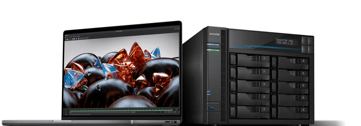 MacBook Pro beside an ASUSTOR Lockerstor NAS