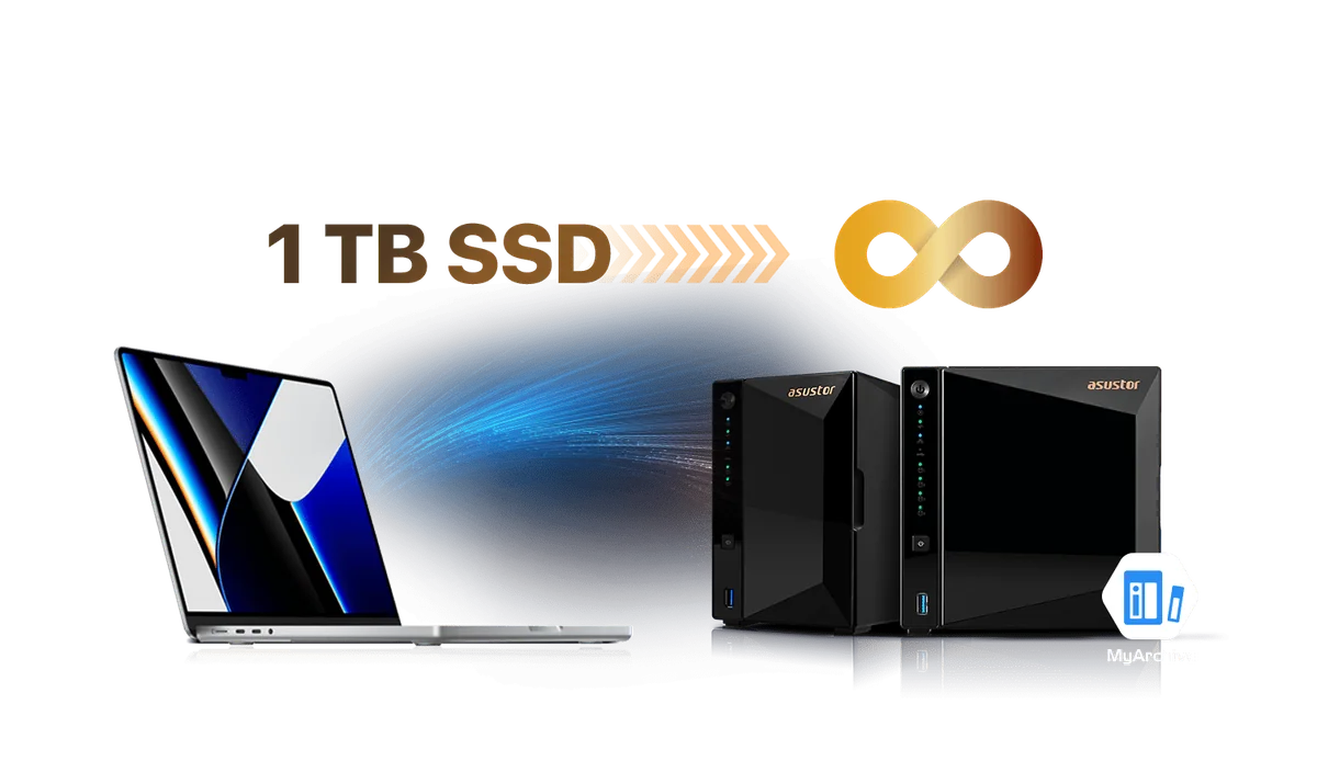 MacBook with a fixed internal SSD next to ASUSTOR NAS units offering expandable storage