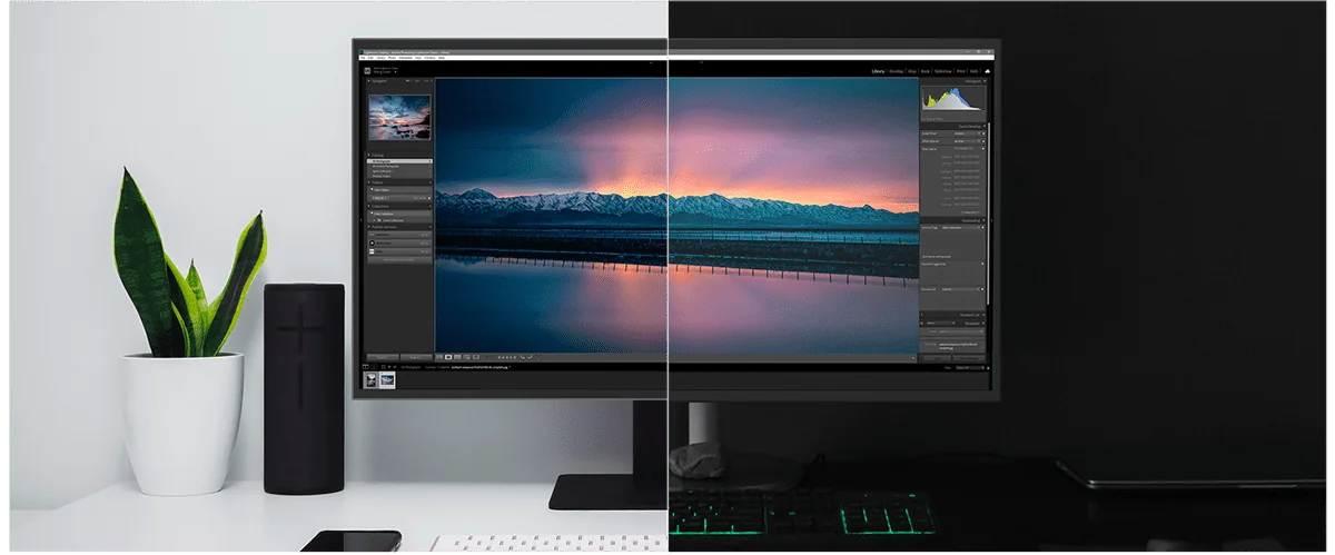 Photo editing workstation with a landscape image on screen