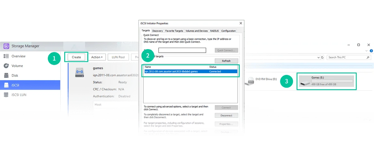 ADM iSCSI LUN creation and the Windows iSCSI Initiator connecting to the NAS