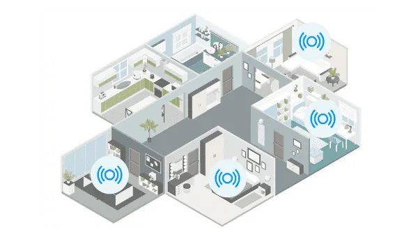 Cutaway of a home with music playing in several rooms