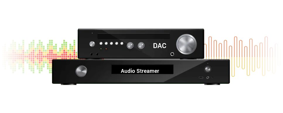 DAC and audio streamer stacked with sound waves