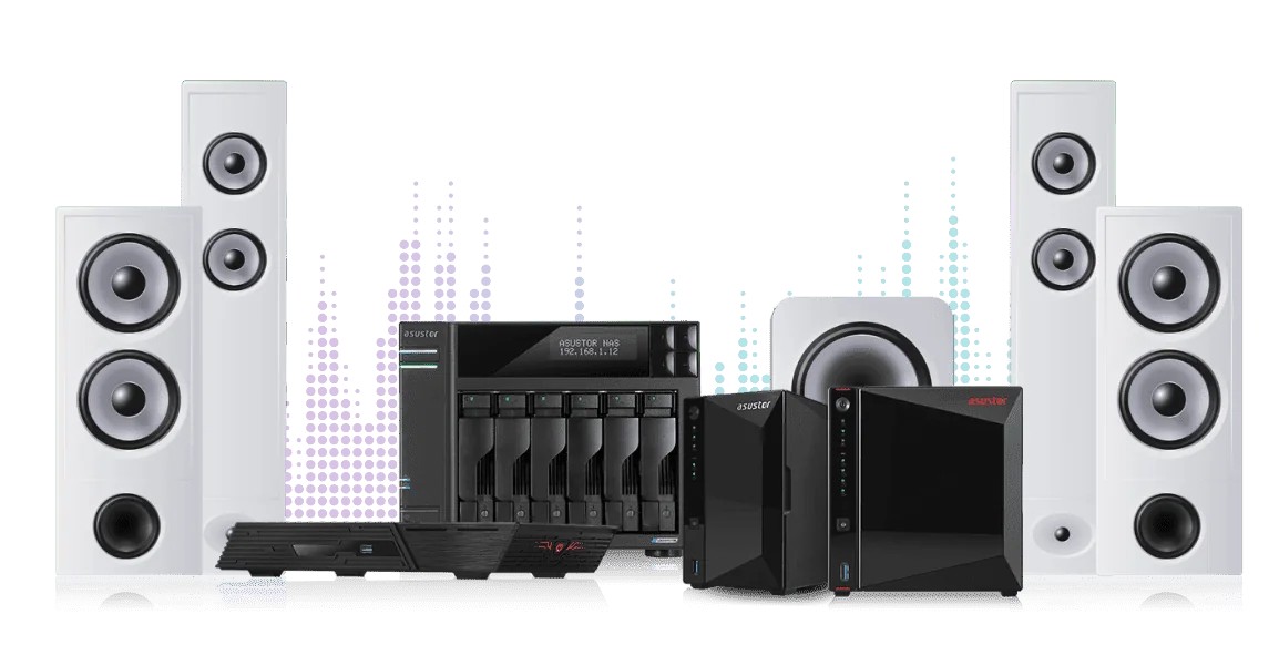 ASUSTOR NAS units between floor-standing hi-fi speakers