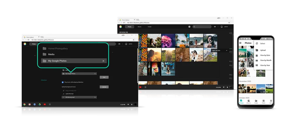 ASUSTOR Photo Gallery 3 on a desktop browser and AiFoto 3 on a phone