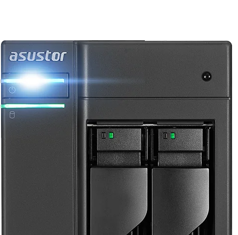 Close-up of an ASUSTOR NAS front panel with its power light on