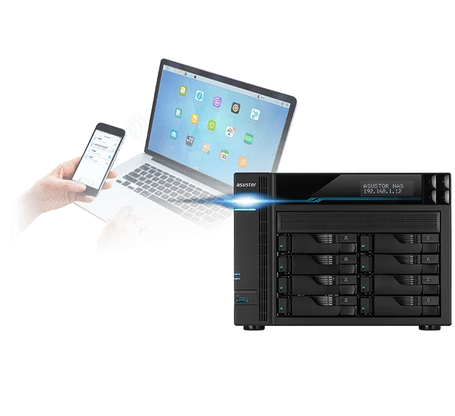 Hand holding a phone and a laptop controlling an ASUSTOR NAS remotely