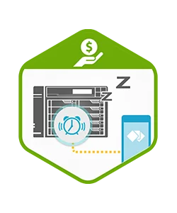 Icon of a sleeping NAS with an alarm clock and money symbol