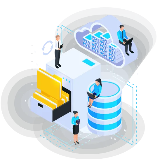 Illustration of people working with local storage and a database close to the data source