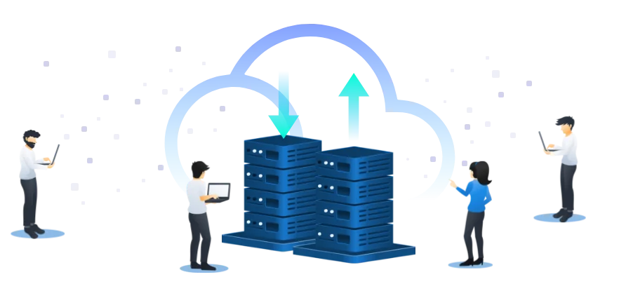Illustration of cloud and on-site servers sharing data with users