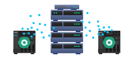 Two ASUSTOR NAS units processing data alongside a server