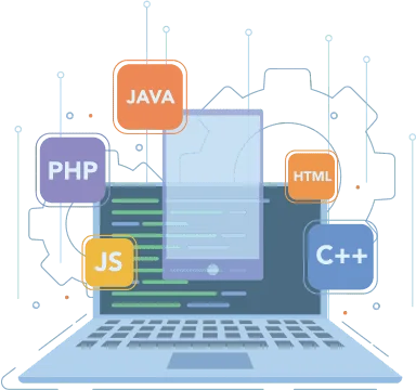 Illustration of a laptop with programming languages