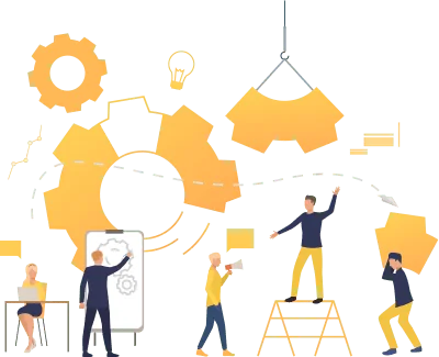 Illustration of a team assembling gears