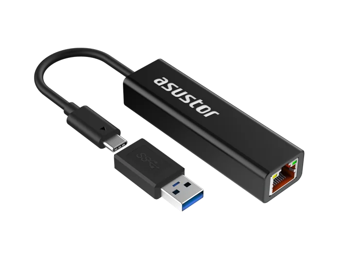 ASUSTOR AS-U2.5G2 USB-C 2.5GbE network adapter with a Type-A adapter