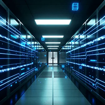 Server room corridor with glowing racks