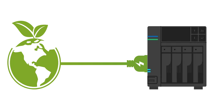 Illustration of a green globe plugged into an ASUSTOR NAS