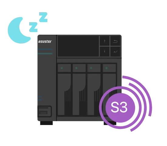 ASUSTOR NAS with an S3 sleep mode icon