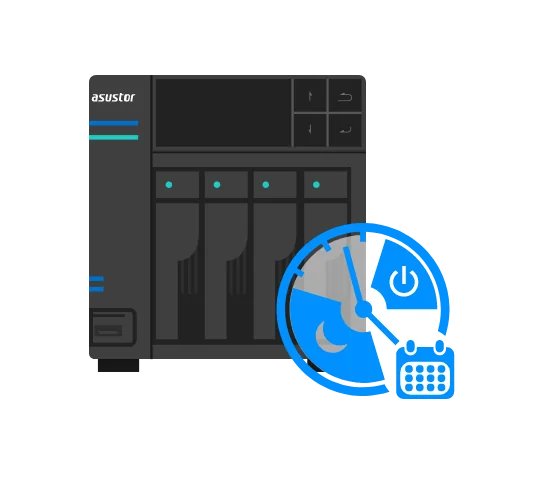 ASUSTOR NAS with a power schedule clock and calendar icon