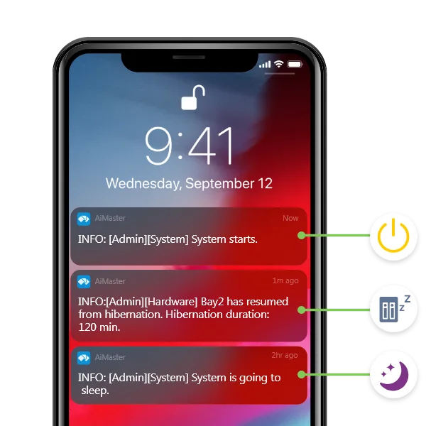 Phone lock screen showing ASUSTOR notifications for system start, drive hibernation and sleep