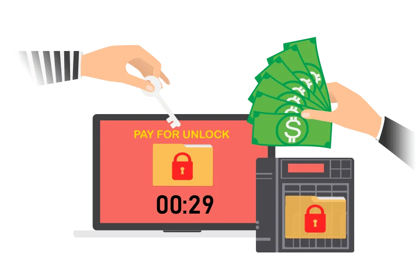 Illustration of a locked computer screen demanding payment to unlock encrypted files