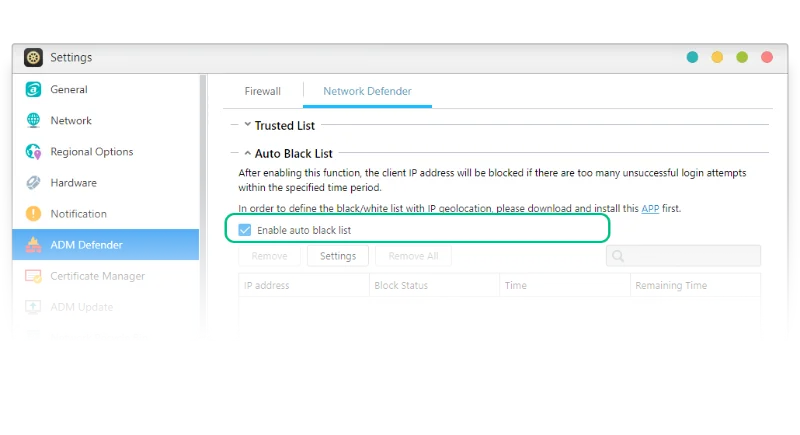 ADM Defender settings screen with trusted list and auto blacklist options