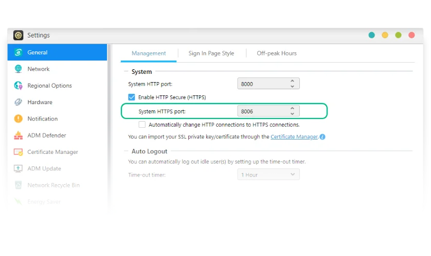 ADM settings screen for changing the system HTTP and HTTPS ports