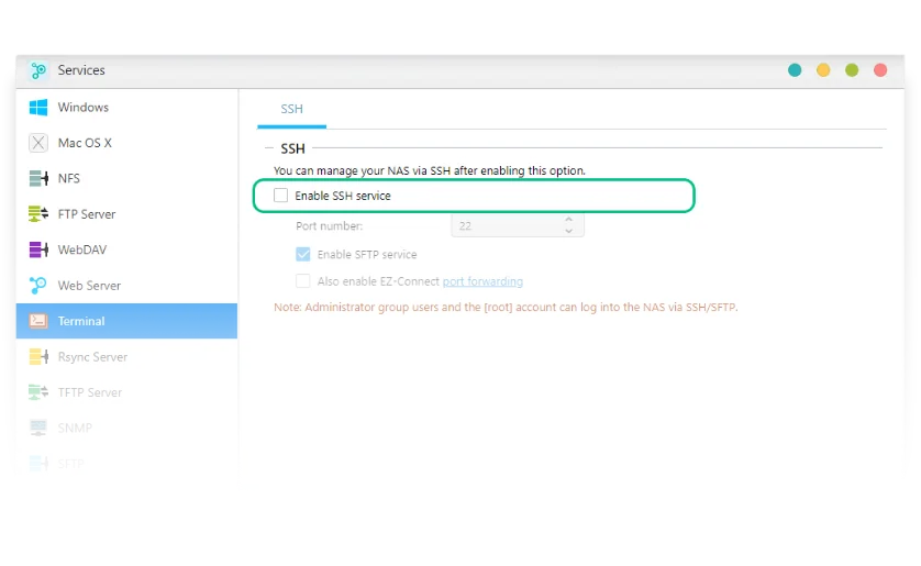 ADM services screen with the SSH service option