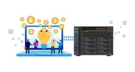 Team with a lightbulb and coins beside a NAS