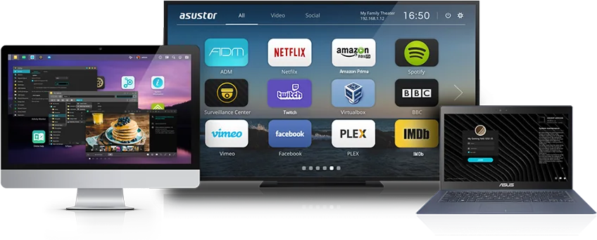 ASUSTOR ADM interface shown on a computer, TV, tablet and phone