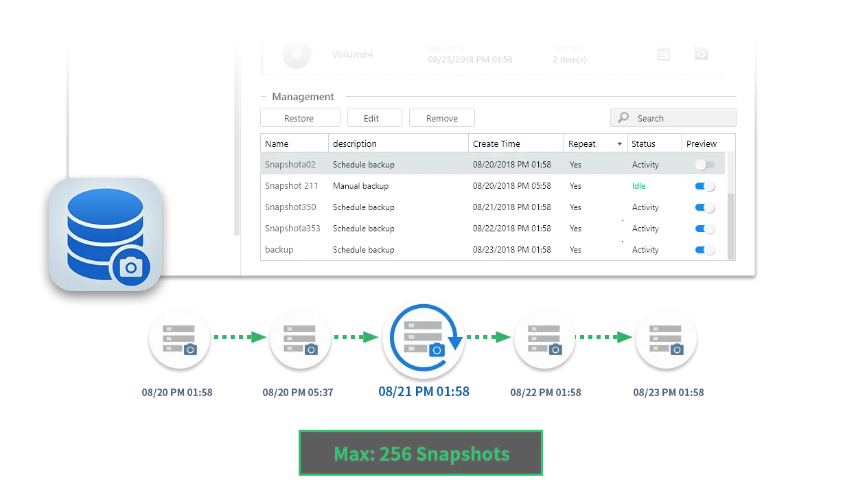 ASUSTOR Snapshot Center showing a list of scheduled snapshots and a maximum of 256