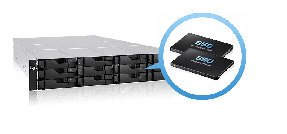 ASUSTOR rackmount NAS with two SSDs used as an SSD cache