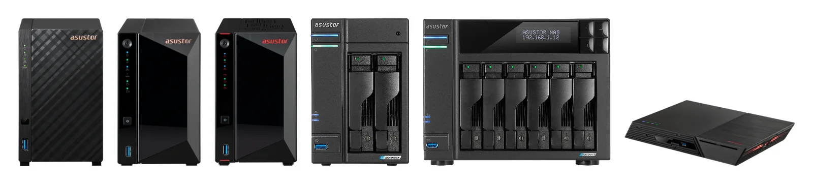ASUSTOR two-bay, four-bay and six-bay NAS models in a row