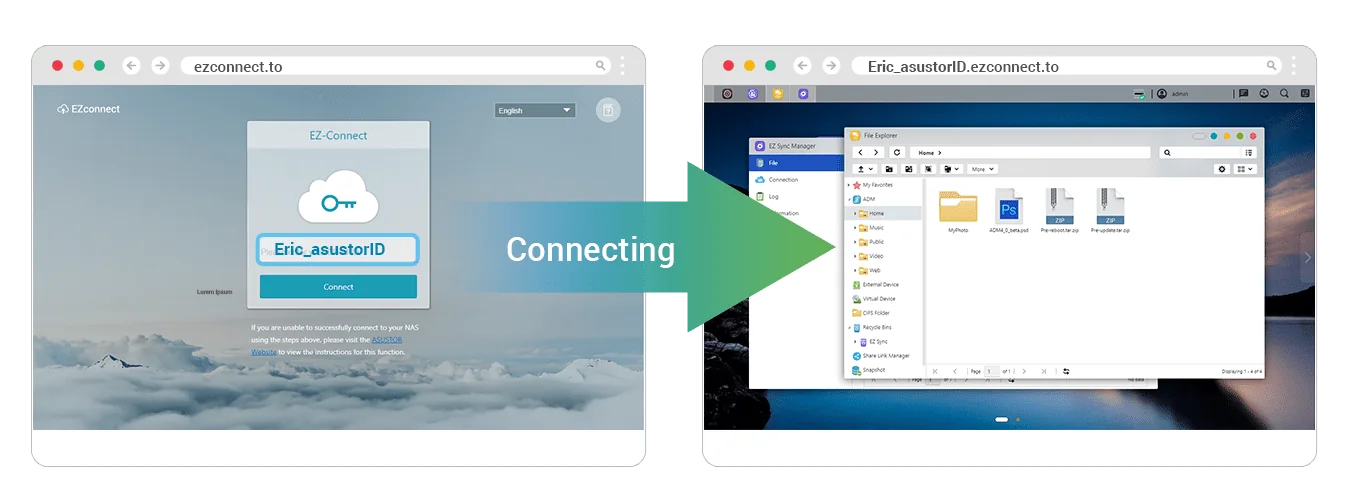 ASUSTOR EZ-Connect web login connecting a browser to the ADM desktop