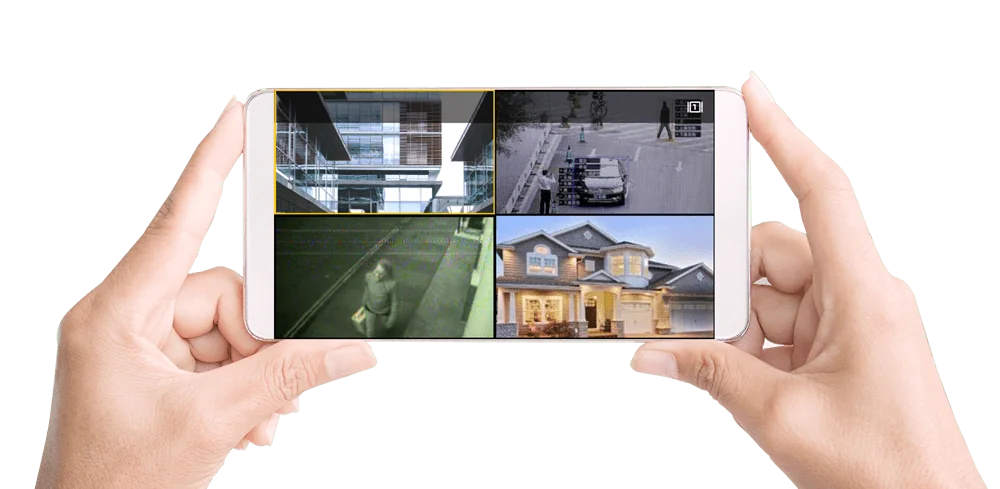 Hands holding a phone showing ASUSTOR AiSecure camera live views