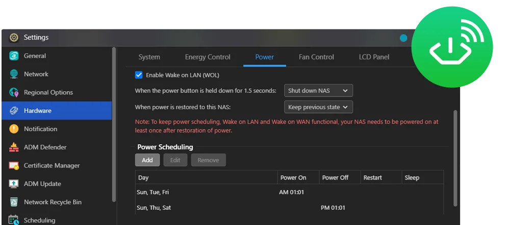 ASUSTOR ADM power settings with Wake on LAN and the option to keep the previous state when power is restored