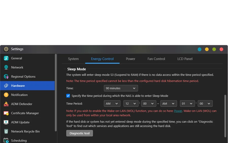 ASUSTOR ADM Energy Control settings for sleep mode and disk hibernation