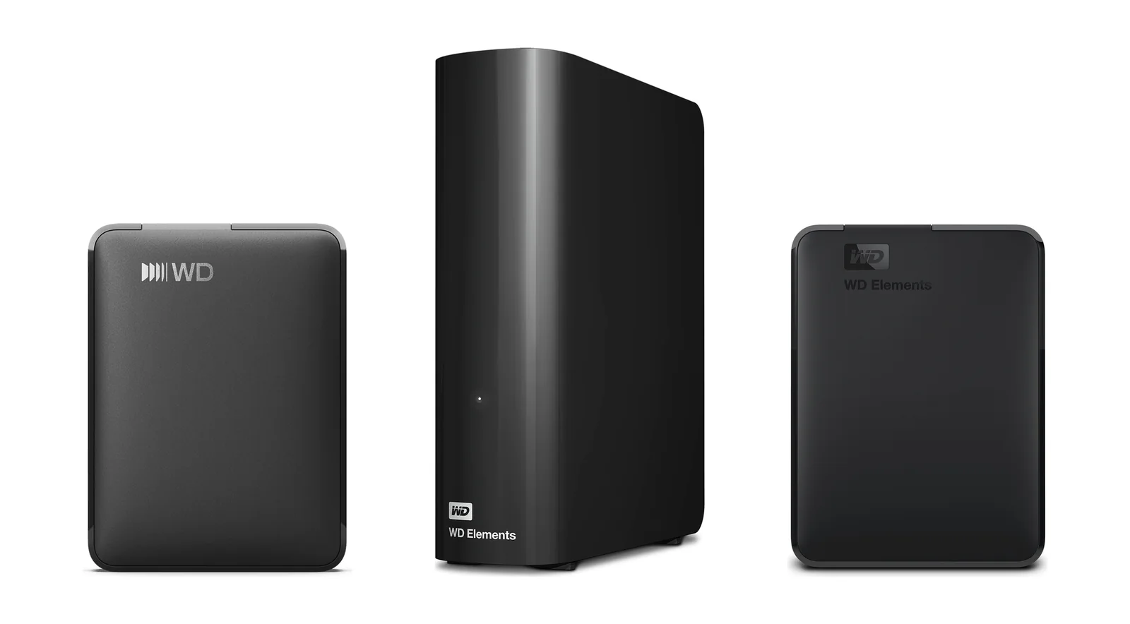 WD Elements Portable USB-C, WD Elements Desktop and WD Elements Portable USB 3.0 external hard drives side by side