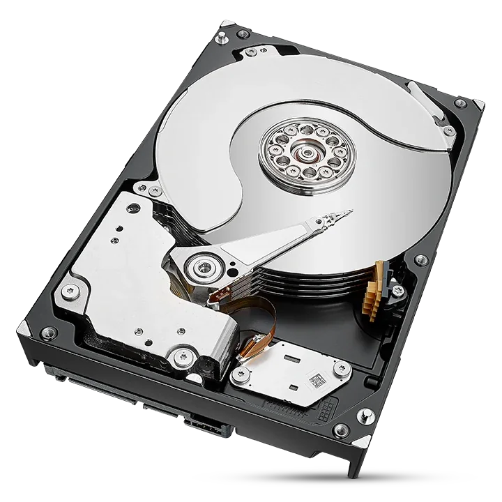 Inside a Seagate IronWolf Pro hard drive showing the platters and read/write head arm