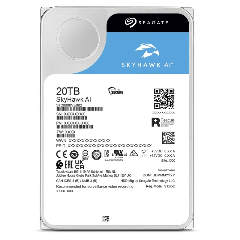 Seagate SkyHawk AI 20TB drive label showing model and capacity