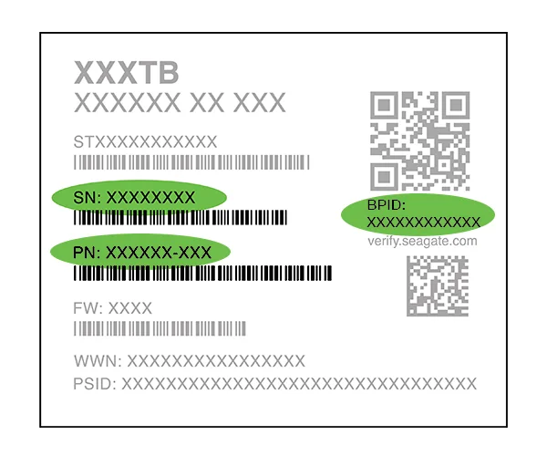 Seagate label guide showing where the serial number SN, part number PN and BPID are printed on a Seagate hard drive label
