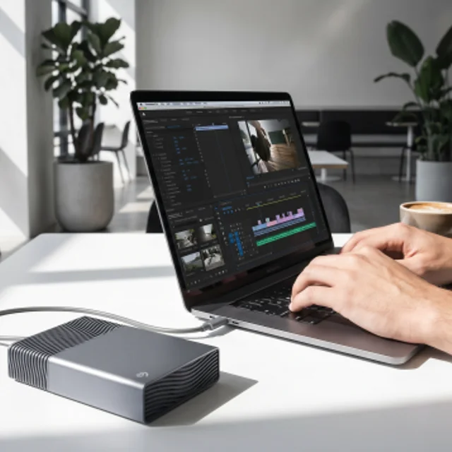 Seagate One Touch Desktop external hard drive connected to a laptop by USB-C for backup