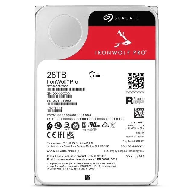 Label side of the Seagate IronWolf Pro 28TB NAS hard drive