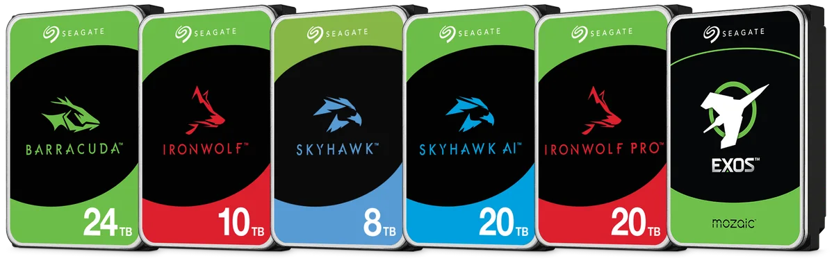 Seagate BarraCuda, IronWolf, SkyHawk, SkyHawk AI, IronWolf Pro and Exos 3.5-inch hard drives side by side