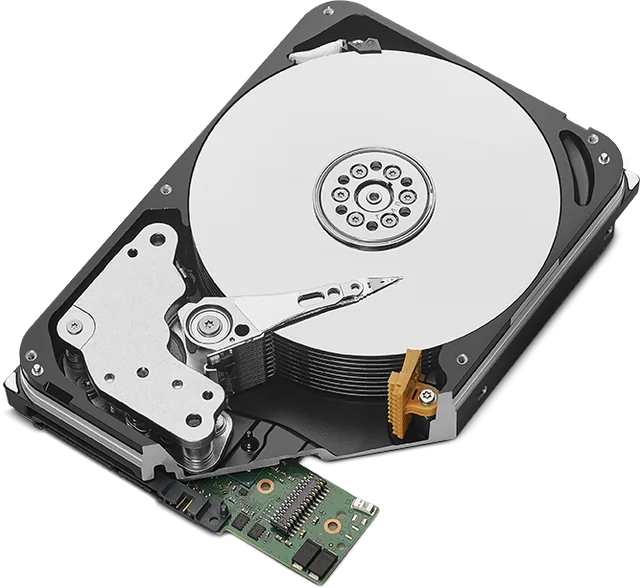 Cutaway of a Seagate IronWolf Pro hard drive showing the platters, read/write heads and circuit board