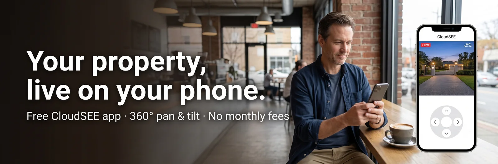 Man checking his security cameras live on a phone app with no monthly fees