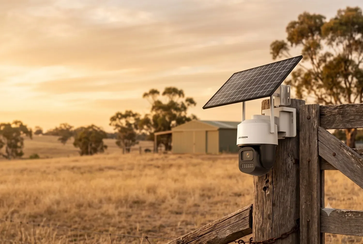Jovision solar 4G security camera on a farm gatepost in low afternoon sun in rural Australia